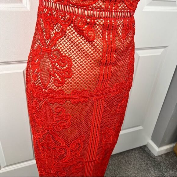 Sz S Stylestalker Stella Midi Off the Shoulder Red Lace Dress $241 MSRP - Picture 10 of 15